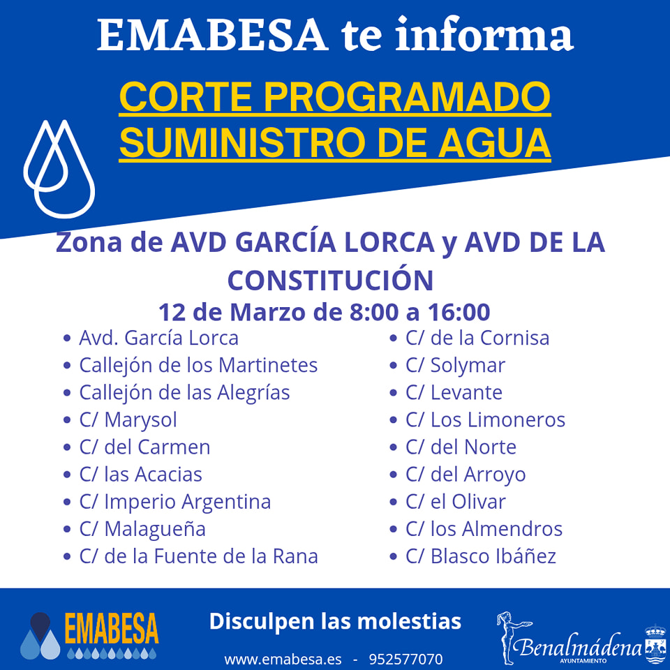 El Ayuntamiento avisa sobre cortes de agua en 44 calles de la ciudad el miércoles 12 de marzo