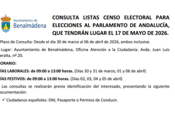 El Ayuntamiento abre un periodo de consultas del censo electoral para las elecciones andaluzas del 17 de mayo