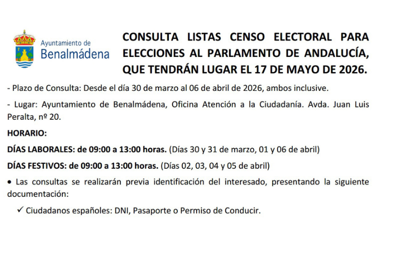 El Ayuntamiento abre un periodo de consultas del censo electoral para las elecciones andaluzas del 17 de mayo